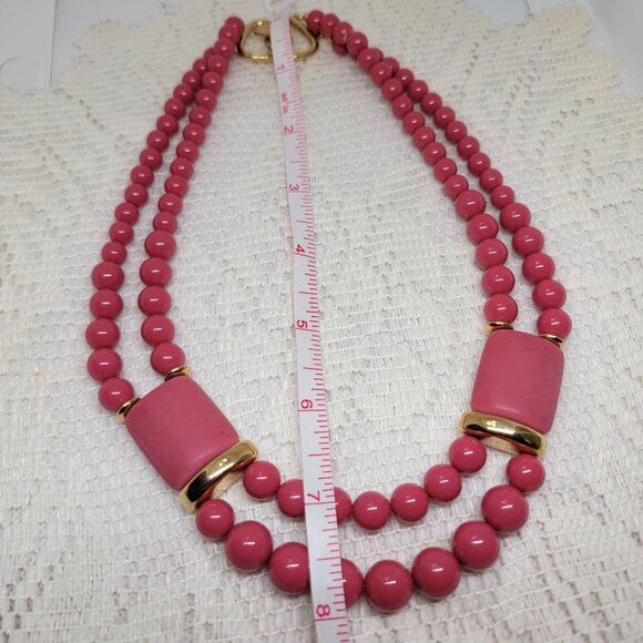 Vintage Beaded Necklace Two Strand Two Barrel Shaped Beads Pink Gold Tone - Picture 7 of 10